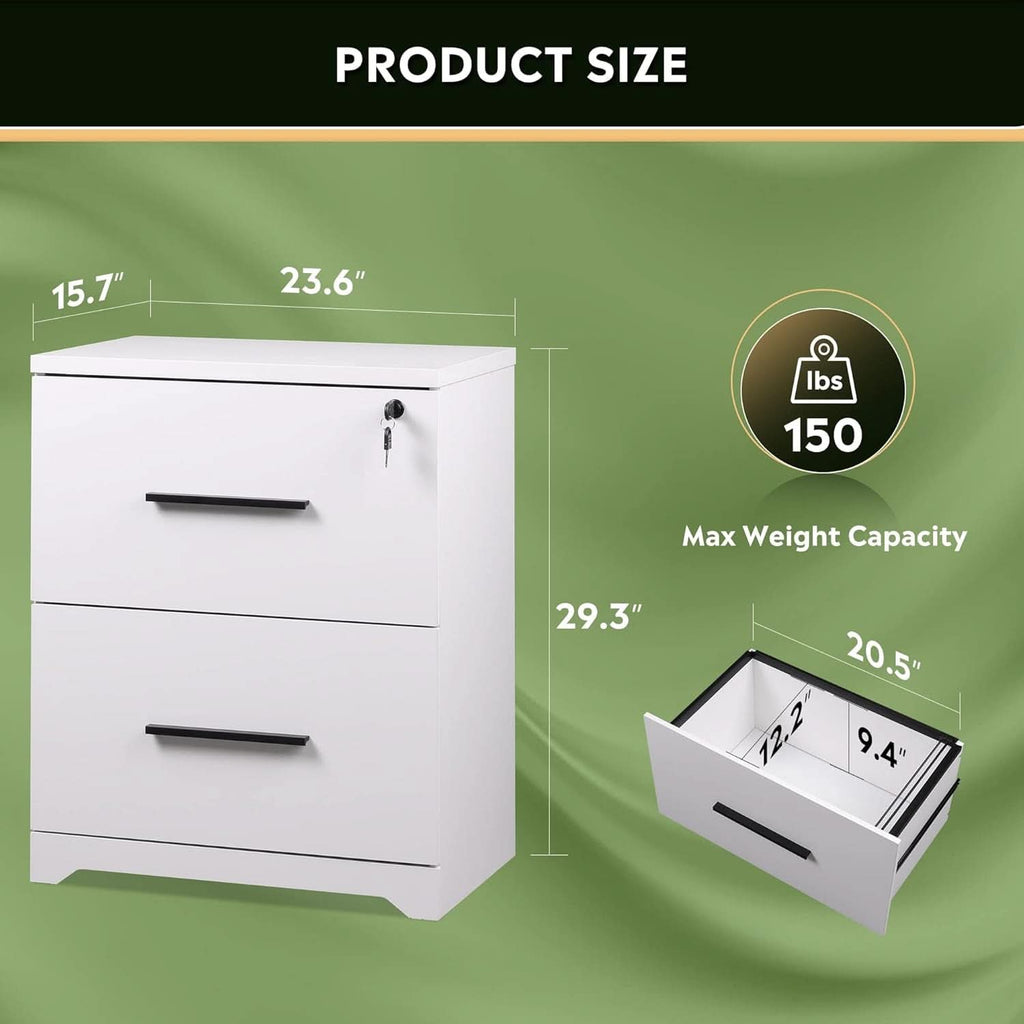 2 Drawer White Wood Lateral File Cabinet With Lock For Office Or Home Use Fits Any Desk