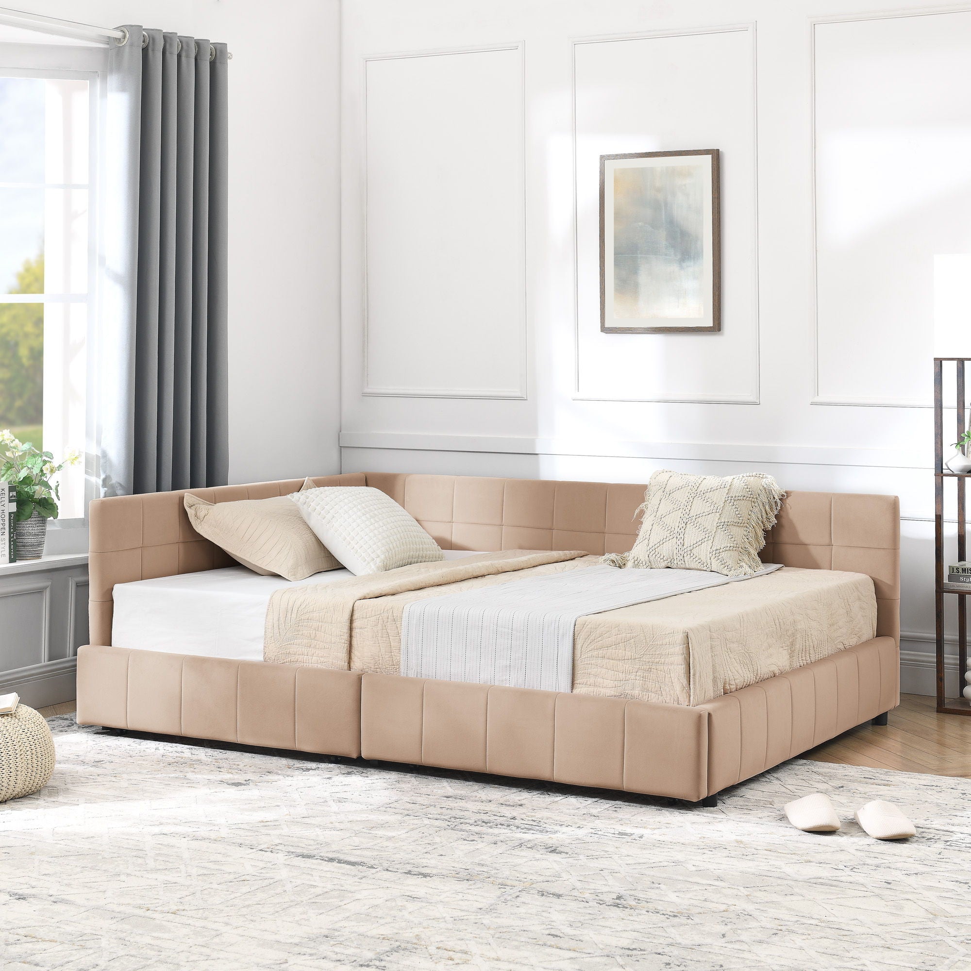 Mid-Century Storage Upholstered Tufted Bed Frame With Backrest And Armrests