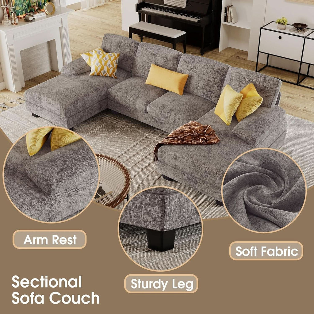Grey Linen U Shaped Sectional Sofa Couch 4 Seat With Double Chaise