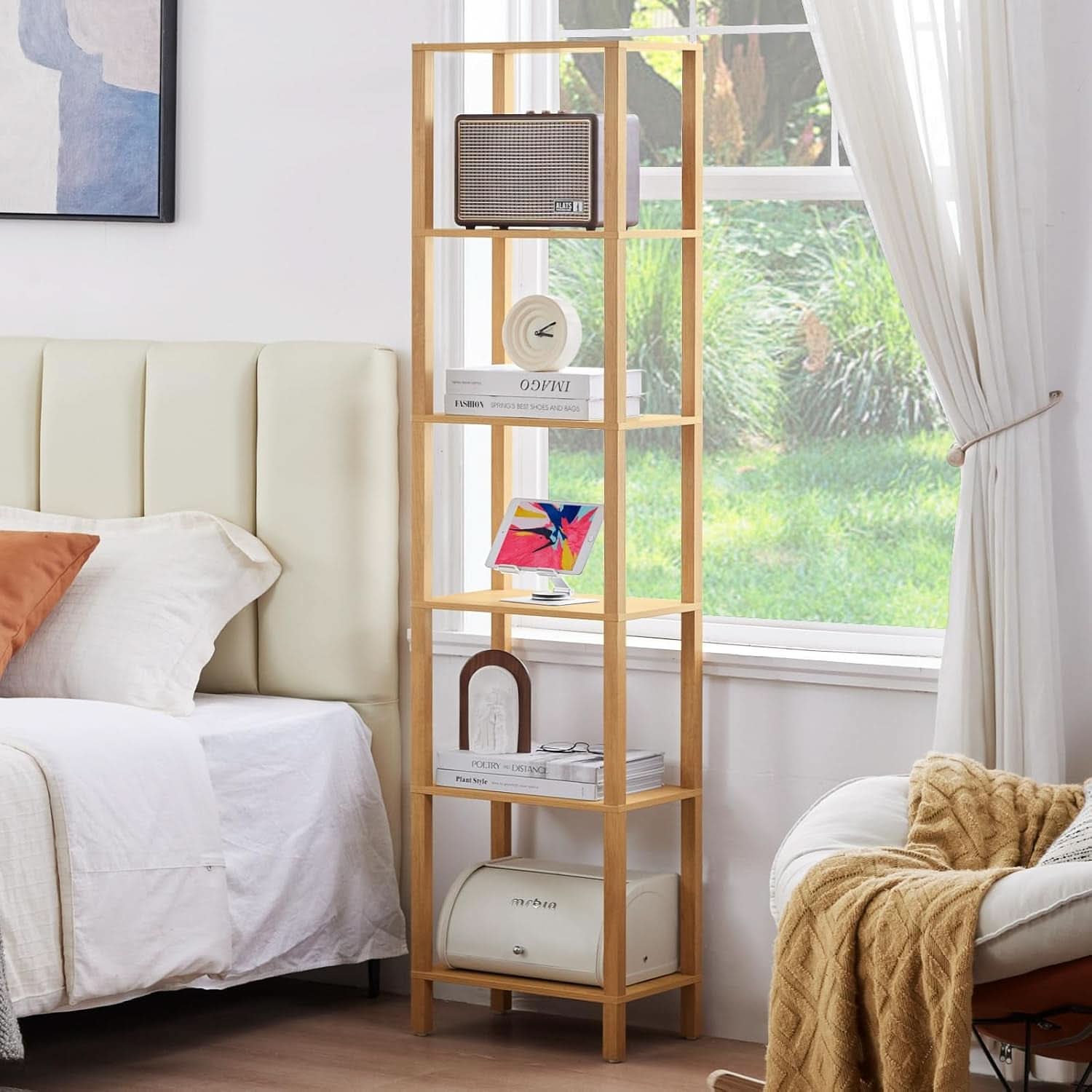 66In Tall 6 Tier Narrow Wood Bookcase Slim Shelf Living Room