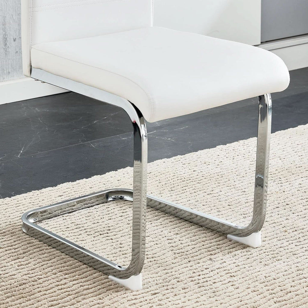 White PU Leather Dining Chair Set High Back Upholstered