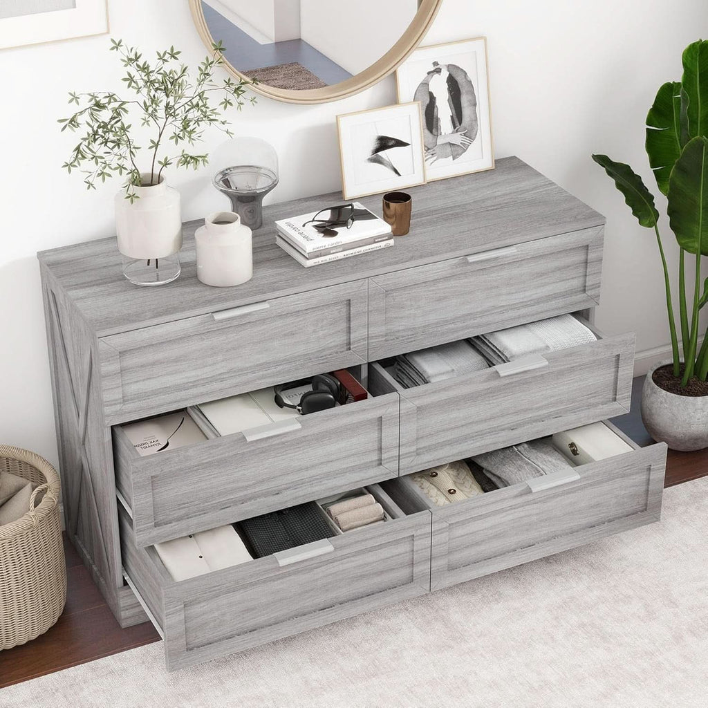 Wash Grey Six Drawer Contemporary Hardwood Dresser