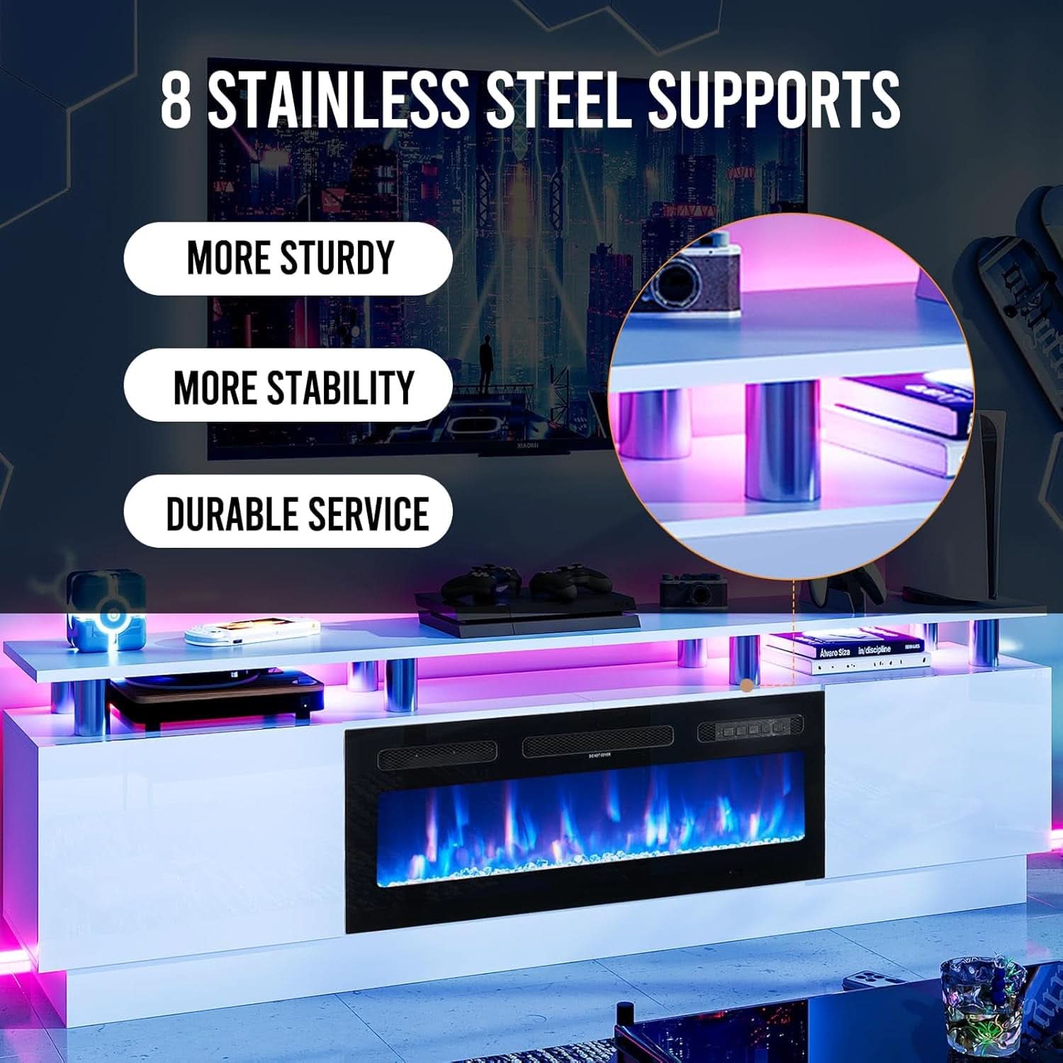 80 Inch White Electric Fireplace TV Stand With LED Lights