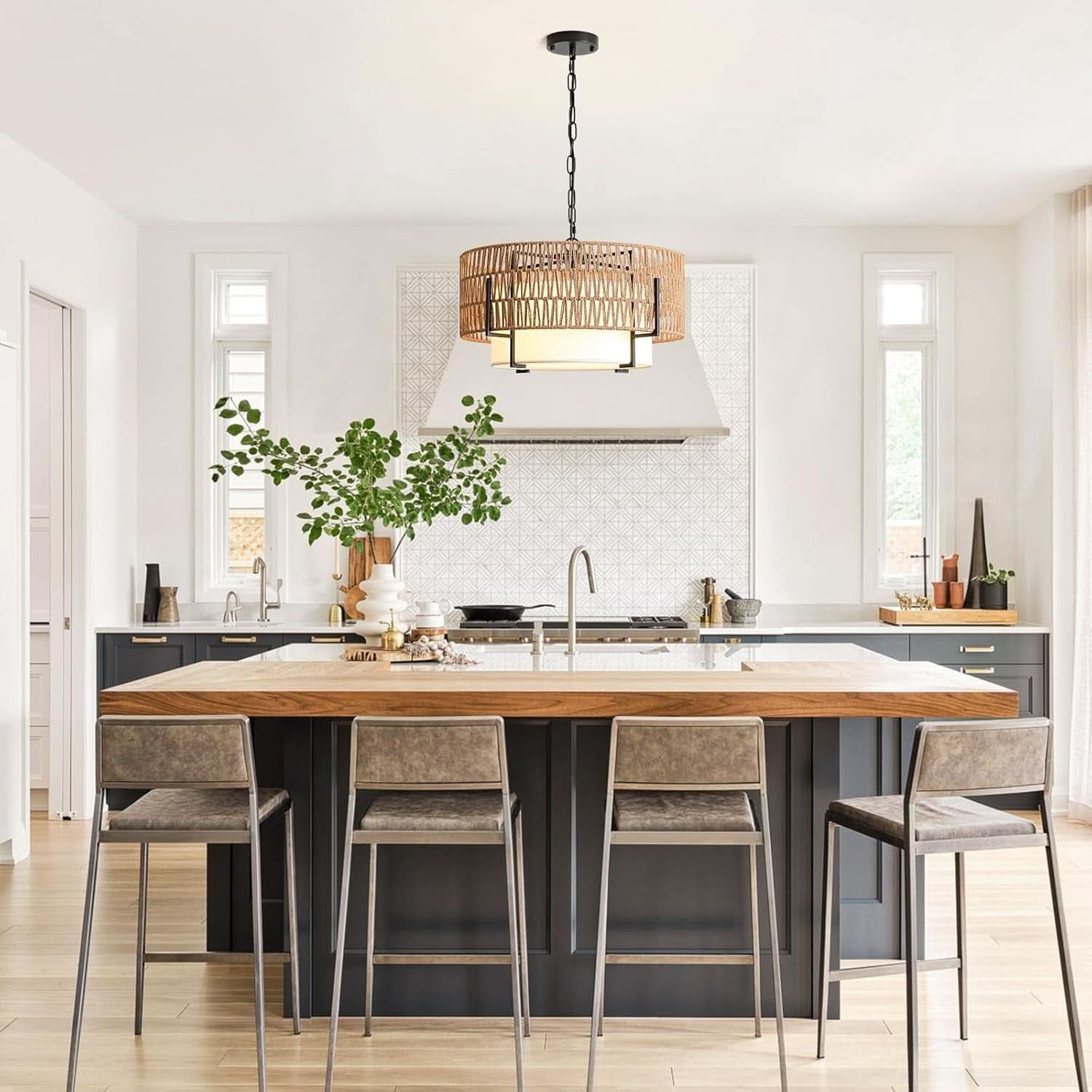 Boho Rattan Chandelier Pendant Light Natural Finish