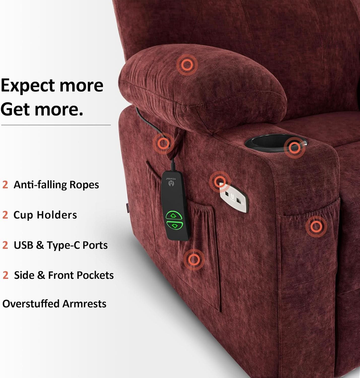 Large Power Lift Recliner With Massage And USB Sangria