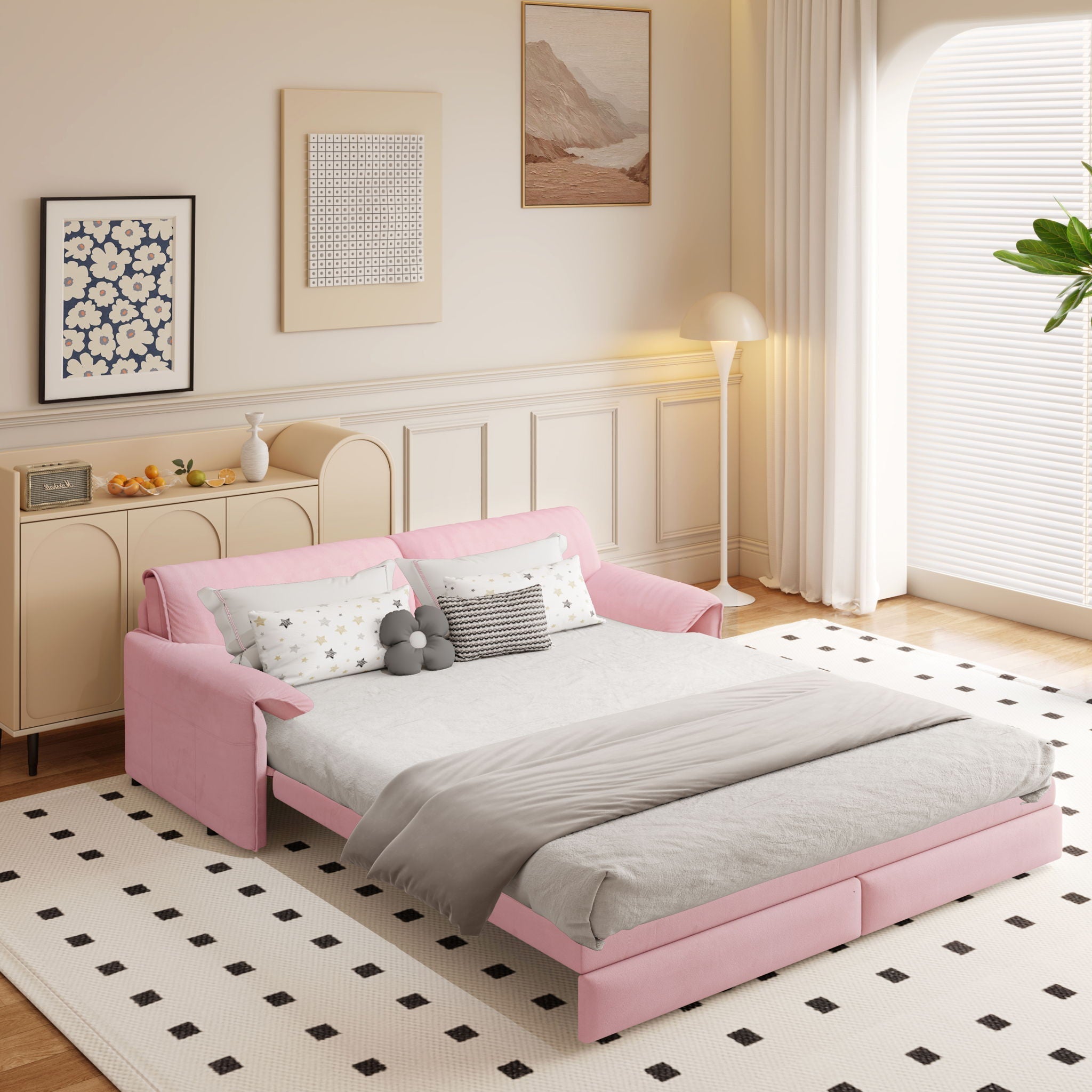 Pull Out 3-in-1 Convertible Sleeper Sofa With Side Storage