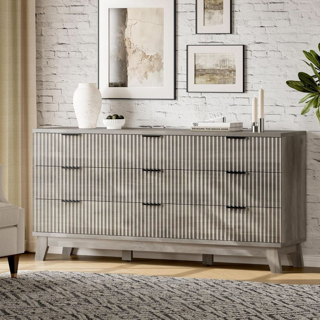 63 Inch Dresser Charcoal Grey Finish With Wave Fluted Panel And 9 Drawers
