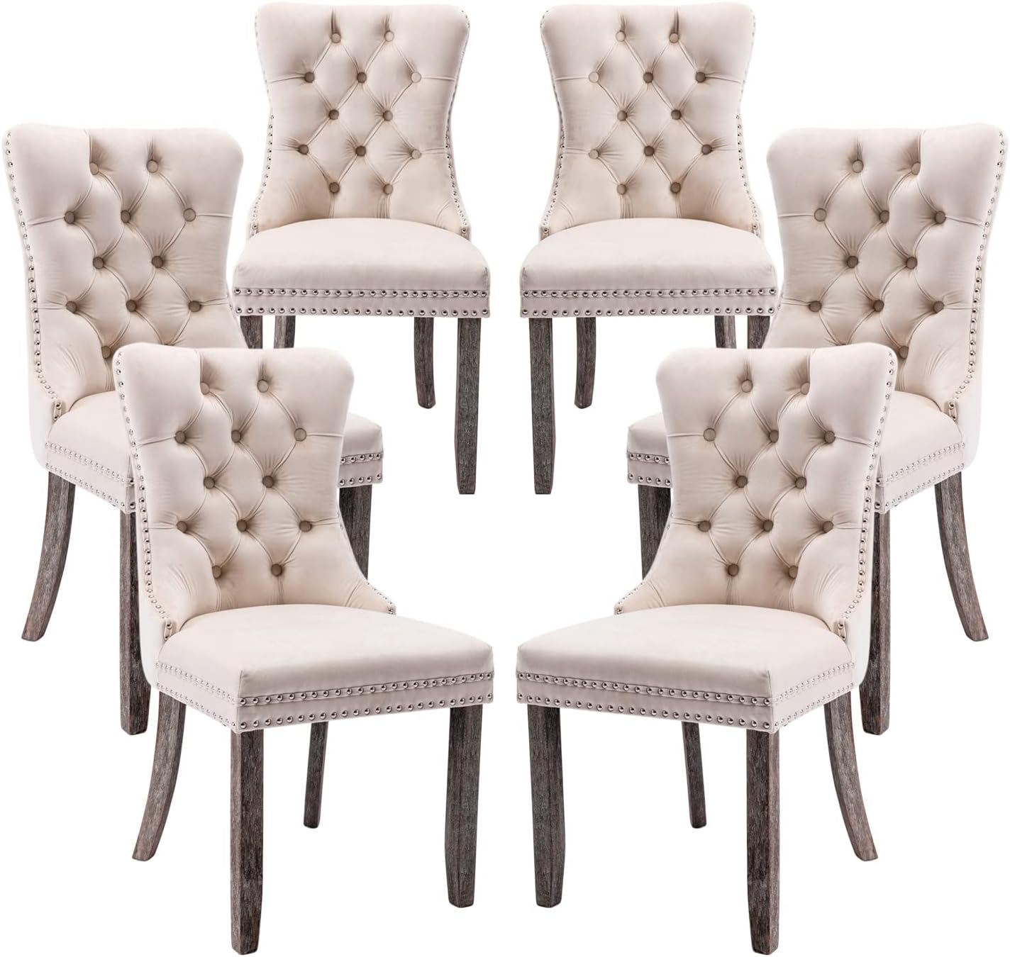Velvet Dining Chairs Set of 6, Tufted Dining Room Chairs with Button Back, Nailhead Trim, Upholstered Dining Chairs for Kitchen, Bedroom, Restaurant (Beige)