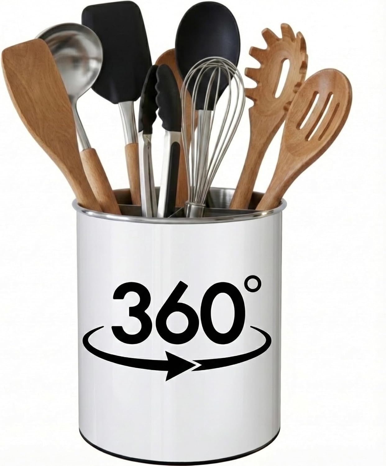 Extra Large Rotating Utensil Holder Caddy with Sturdy No-Tip Weighted Base, Removable Divider, and Gripped Insert: Metal | Rust Proof