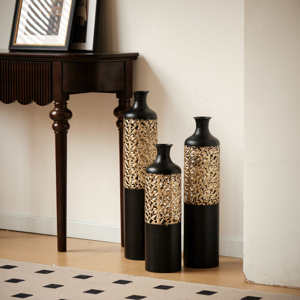 Floor Metal Vases Decorated Metal Vases (Set of 3) Gorgeous Home Decoration Large Glazed Metal Vases - Black / Gold