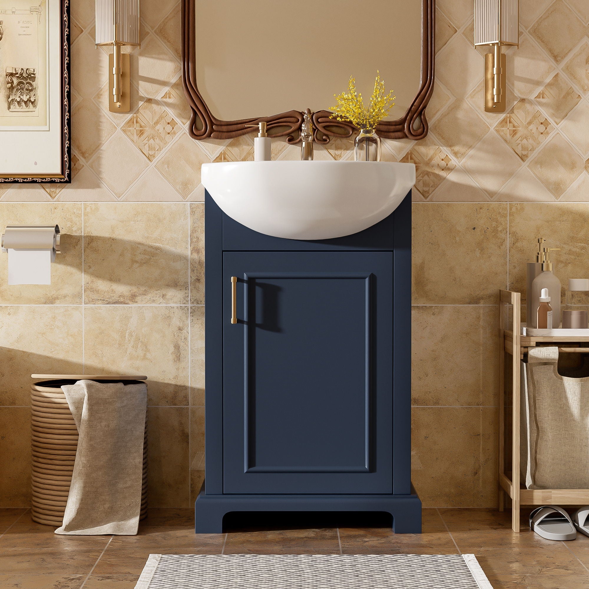 Bathroom Vanity With Bulged Sink, Cabinet, Soft-Close Door, Freestanding Single Unit