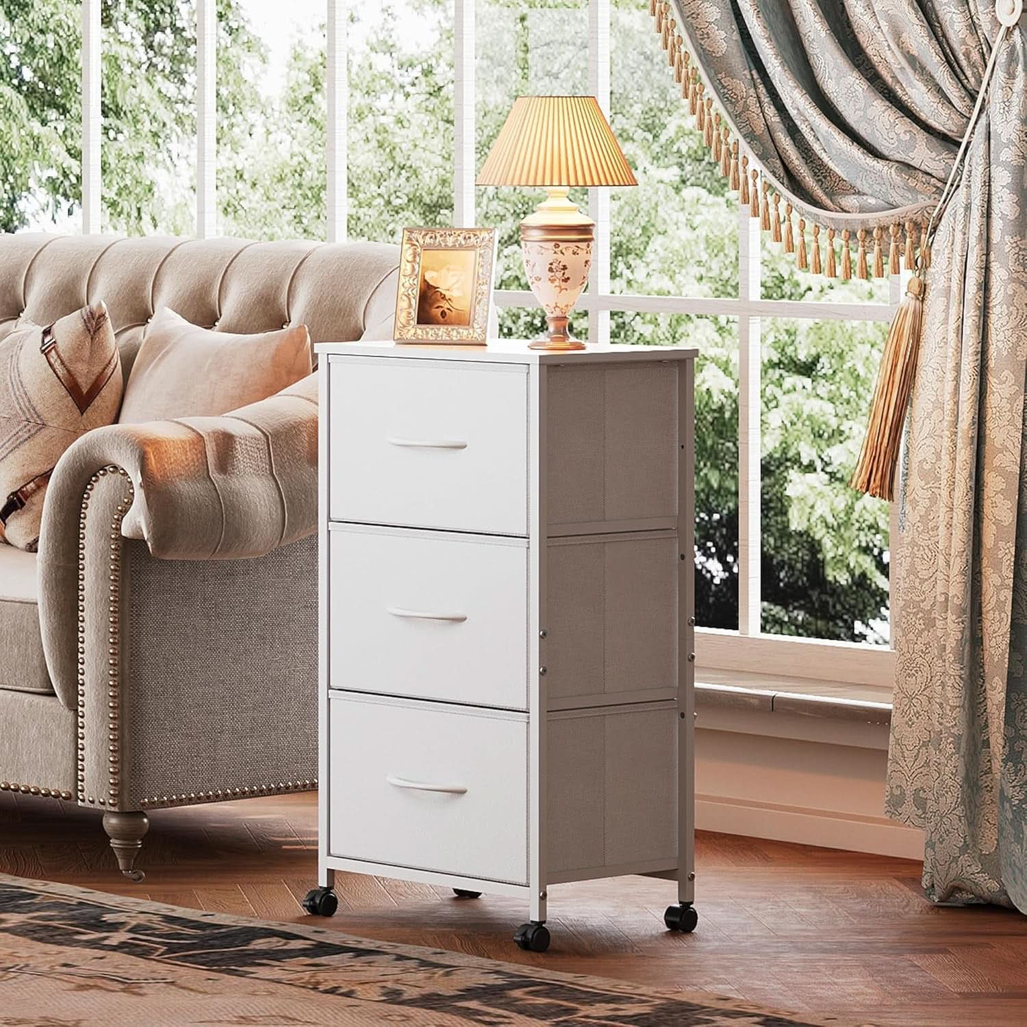 White Dresser With 3 Drawers And Wheels Wood Top Storage