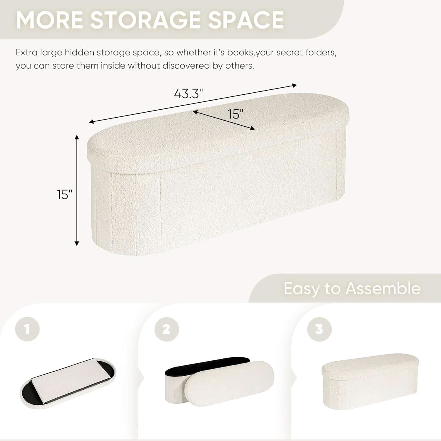 Sherpa Lined Folding Storage Ottoman 43.3 Inch White