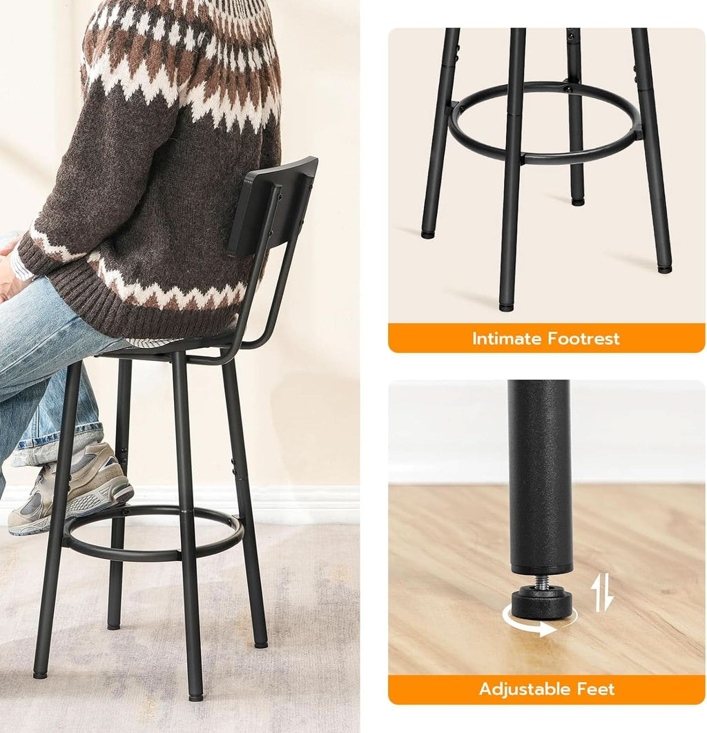 26 Inch Black PU Upholstered Bar Stools Set Of 2 With Back And Footrest
