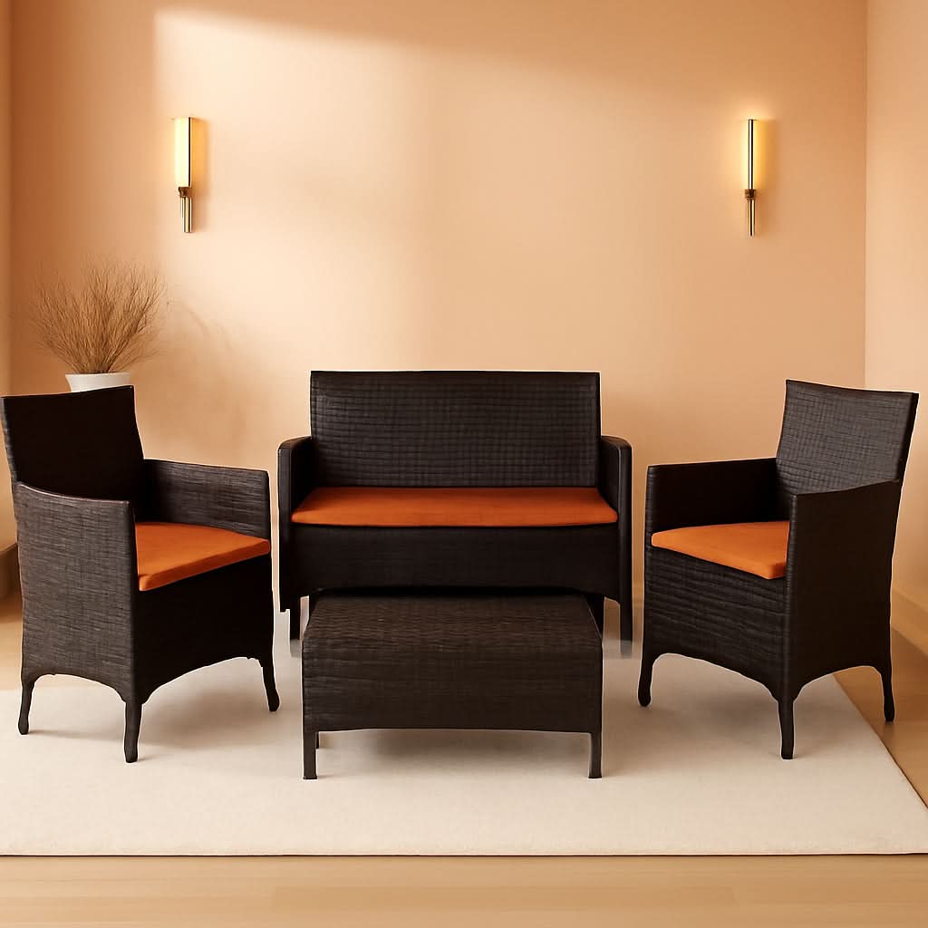 Rattan Patio Set With Cushioned Chairs And Glass Table