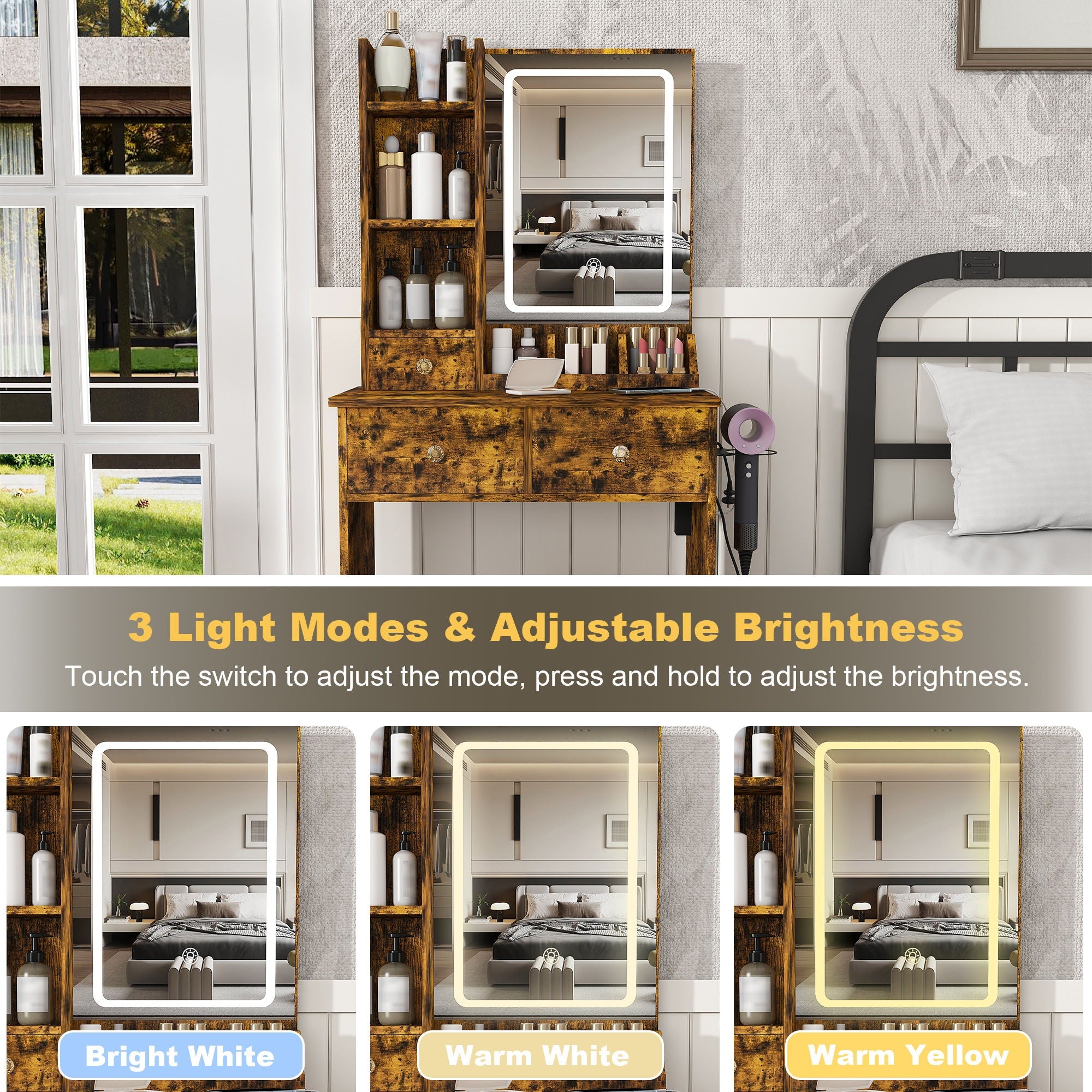 Modern Small Vanity Desk With 3 LED Lighting Modes, 3 Drawers