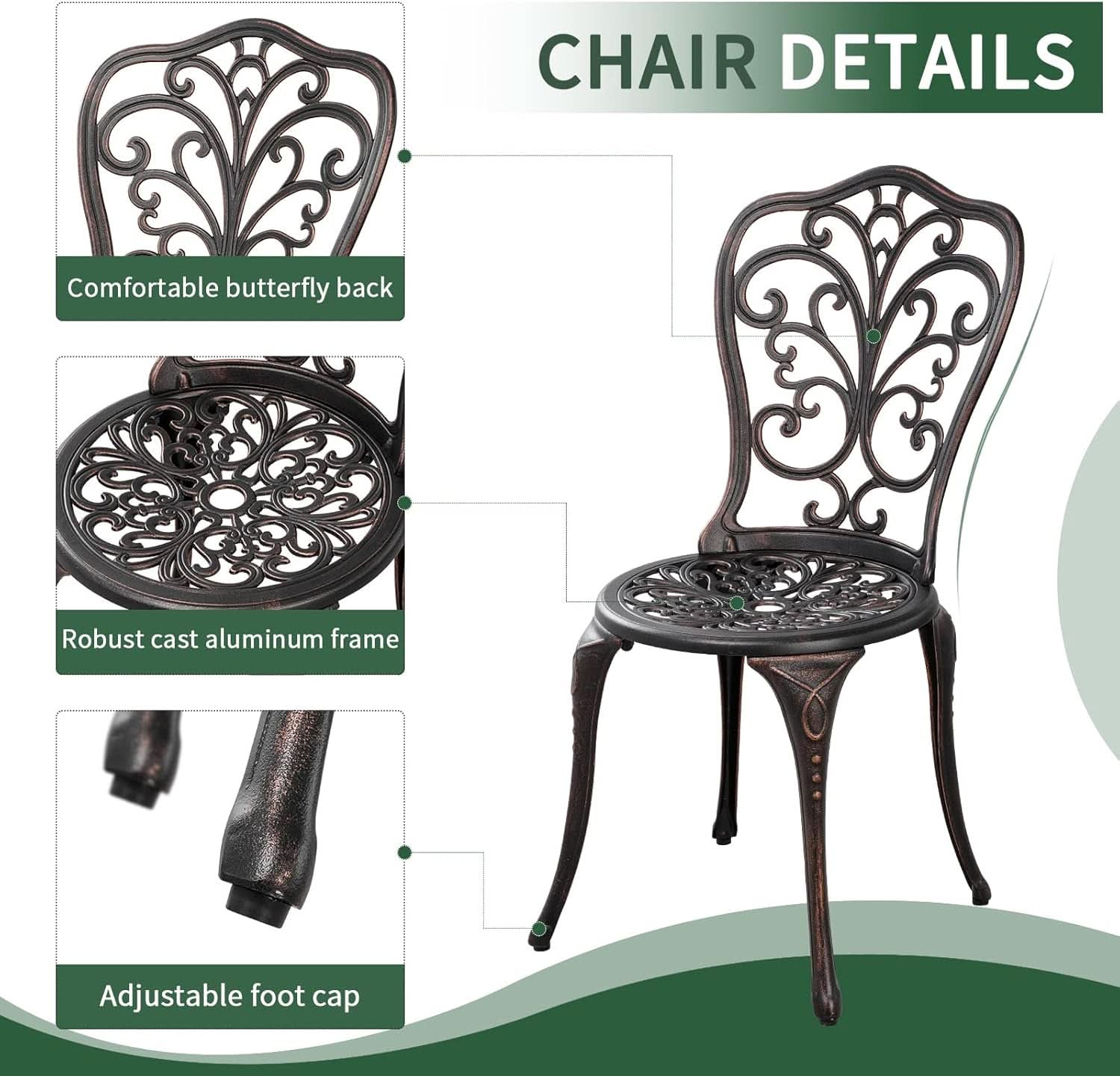 3 Piece Cast Aluminum Outdoor Patio Bistro Set With Umbrella Hole In Brown All Weather Durable