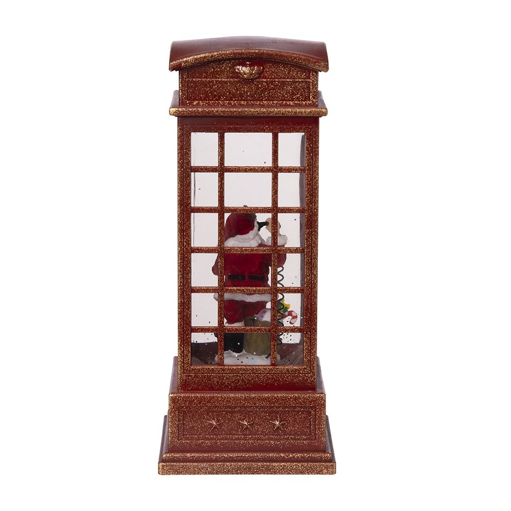 Christmas Lighted Water Spinning Phone Booth With Santa On Phone, 3*AA Batteries Required - White / Red