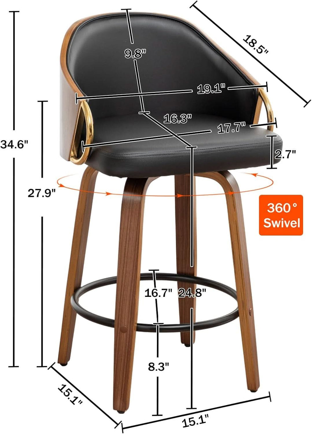 26 Inch Swivel Barstools Set of Two Black Leather