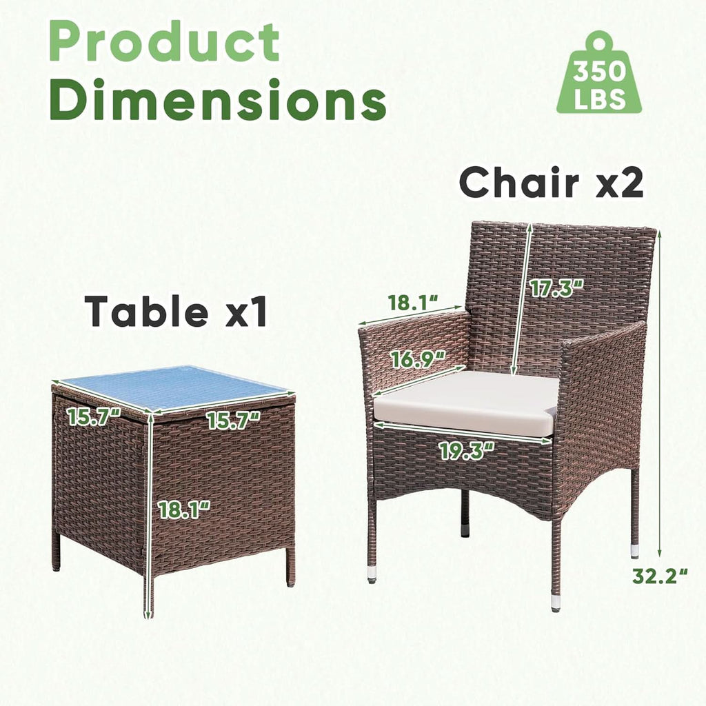 3 Piece Patio Dining PE Rattan Wicker Chair Set With Cushions And Glass Coffee Table Outdoor Brown Beige
