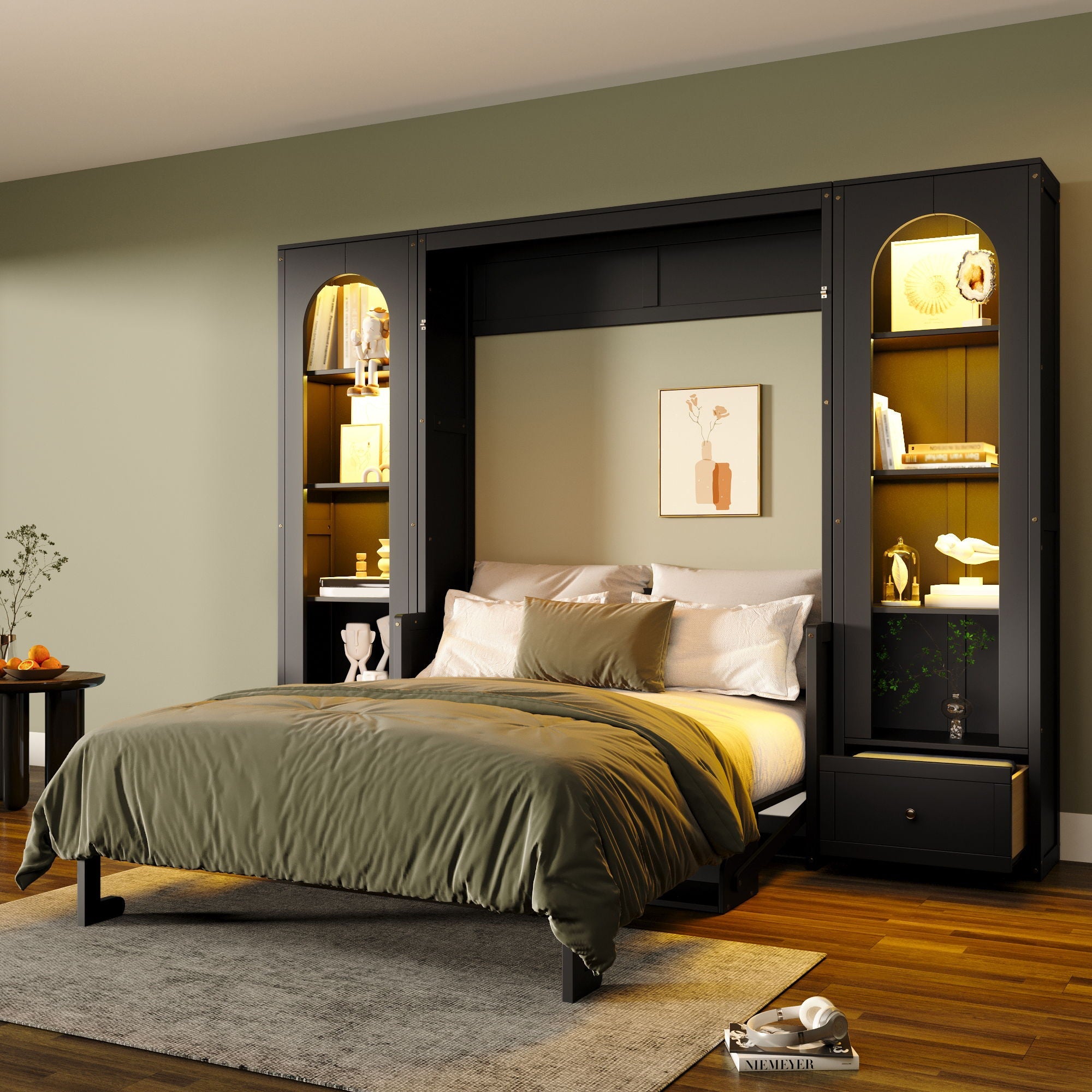 French Style Murphy Platform Bed With Shelf, Side Cabinets, Drawers And LED
