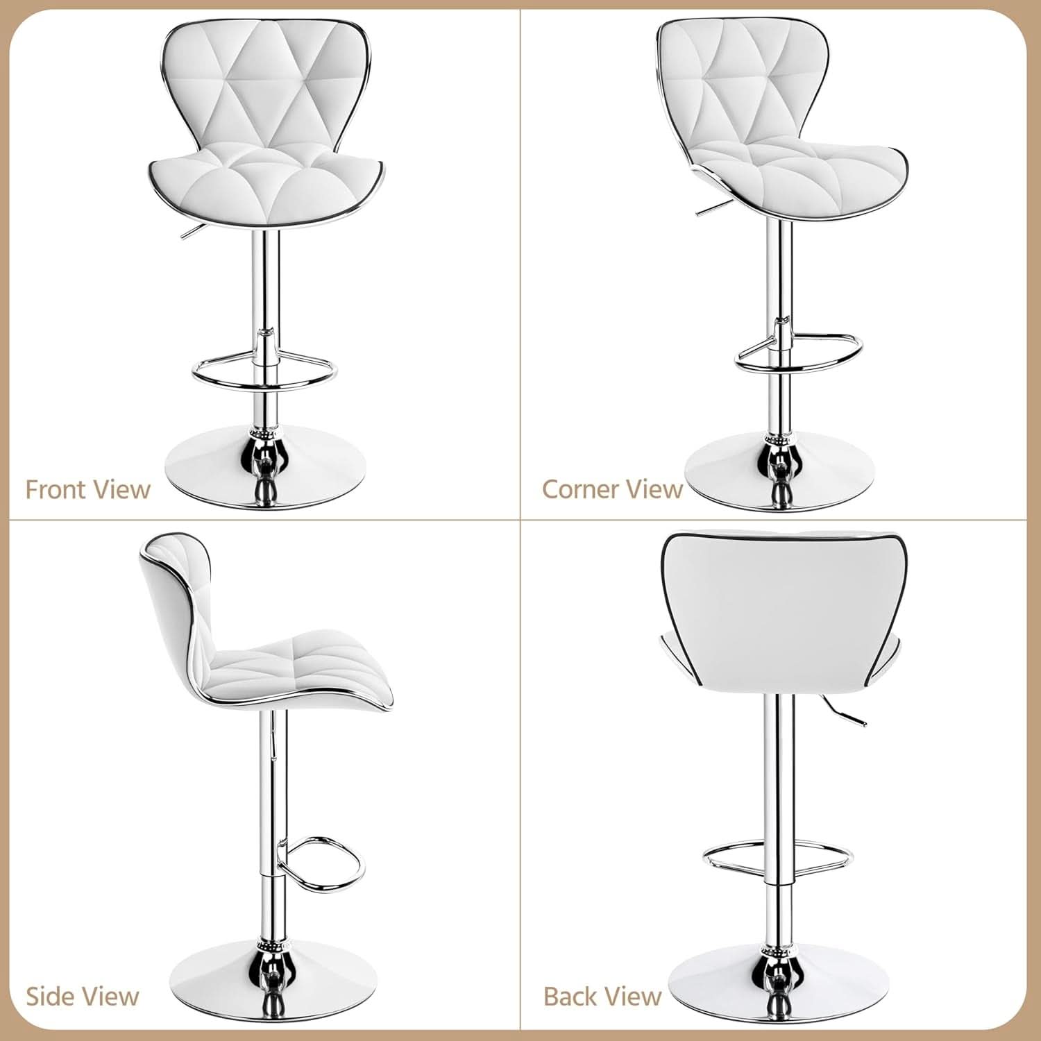 Bar Stools Set Of 2 White PU Leather Adjustable Swivel