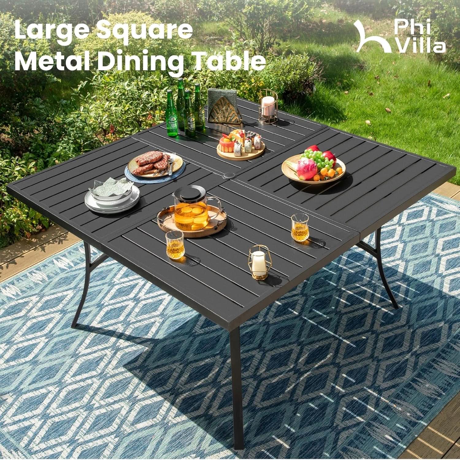 9 Piece Patio Dining Set With Large Square Metal Table And 8 Swivel Chairs