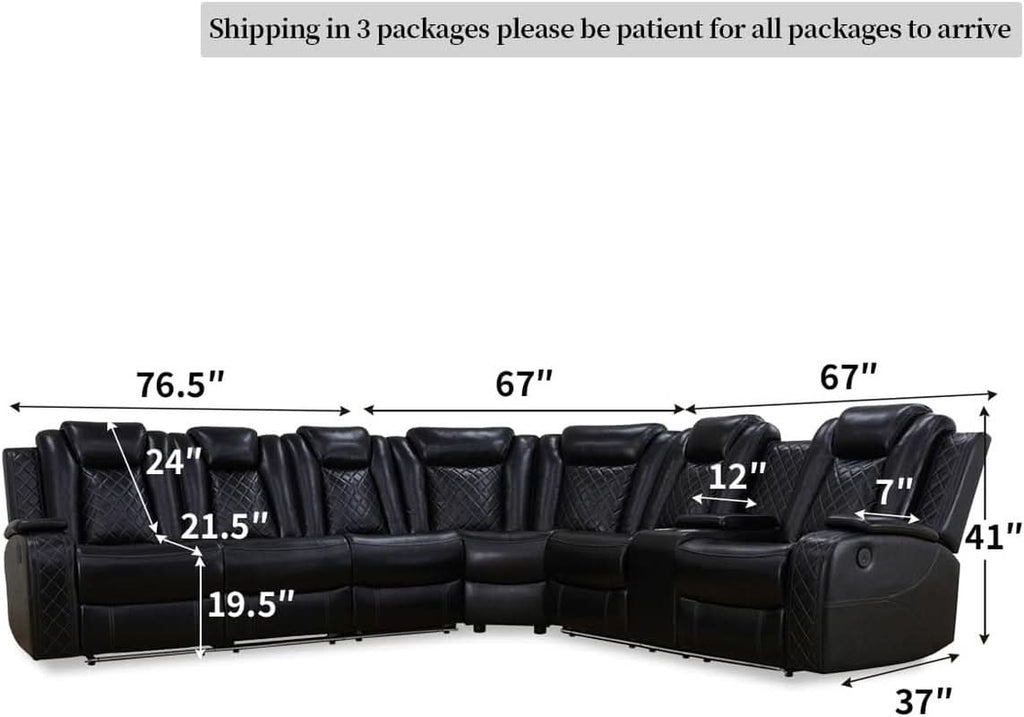 Black Leather Power Recliner Living Room Set With Cup Holders