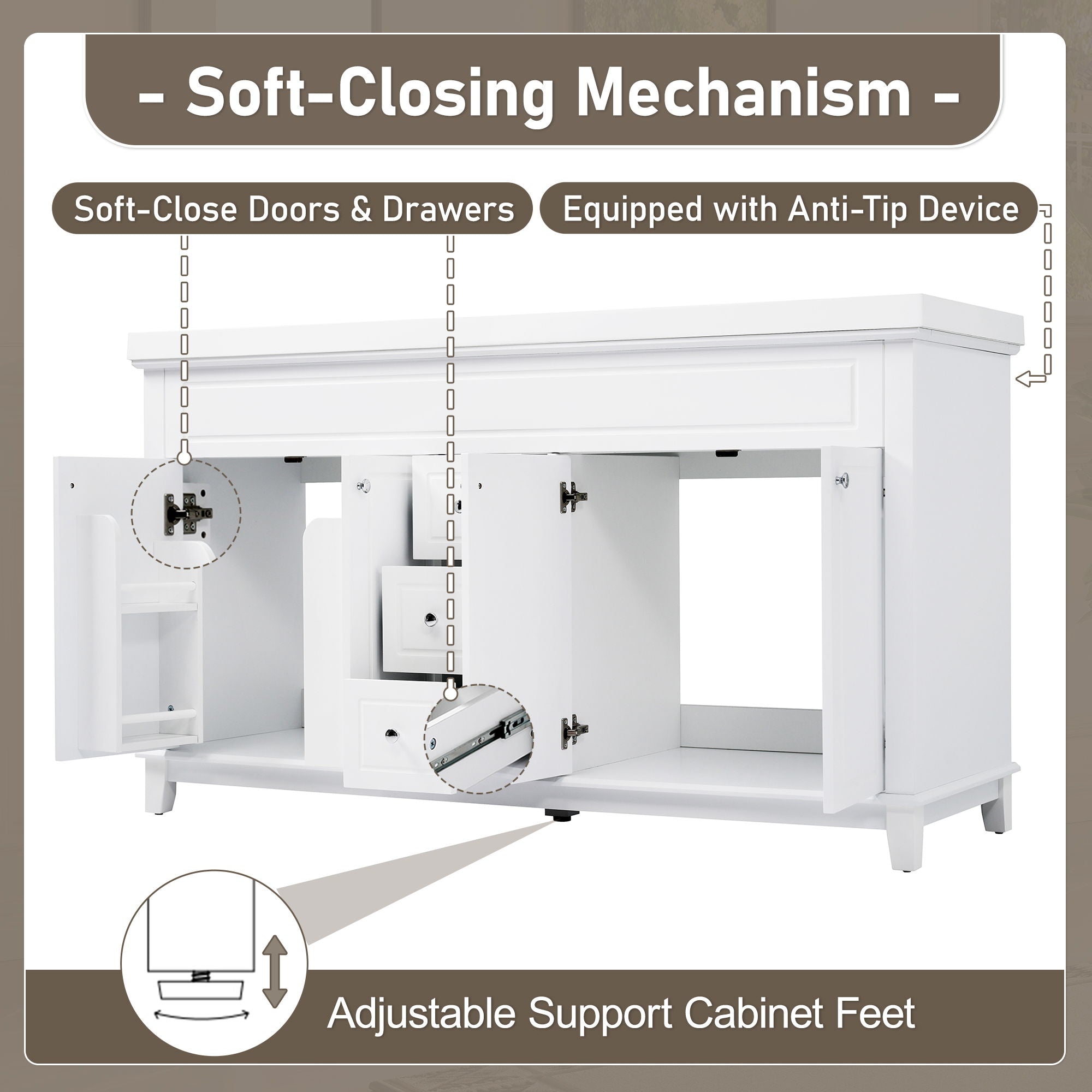 Bathroom Vanity Cabinet Only, 3 Drawers & 4 Doors With Double Layer Shelves - White