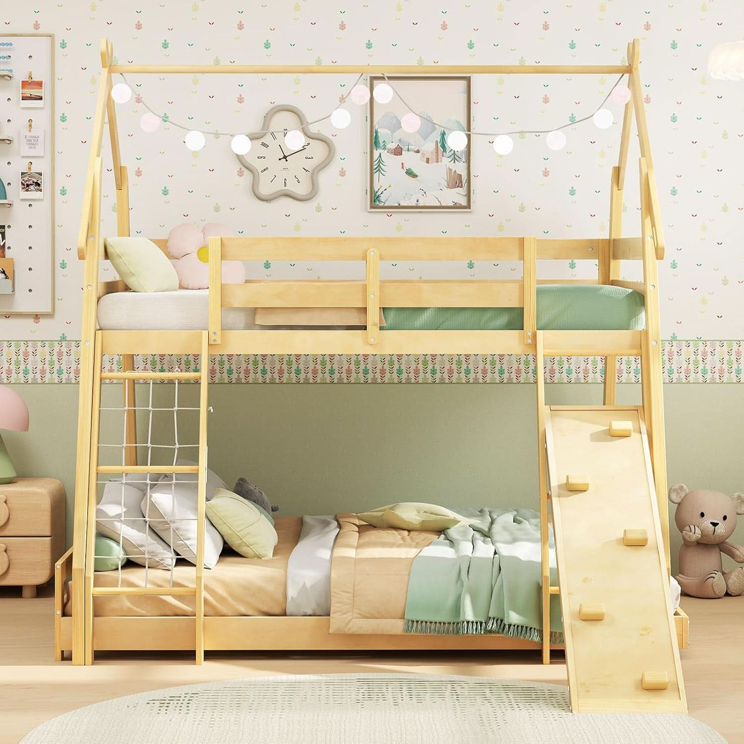 Twin Over Queen Bunk Bed With Climbing Nets Ramp Natural