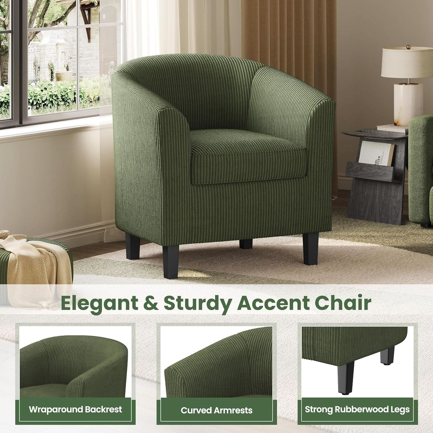 Corduroy Barrel Chairs Set of 2 Dark Green Upholstered