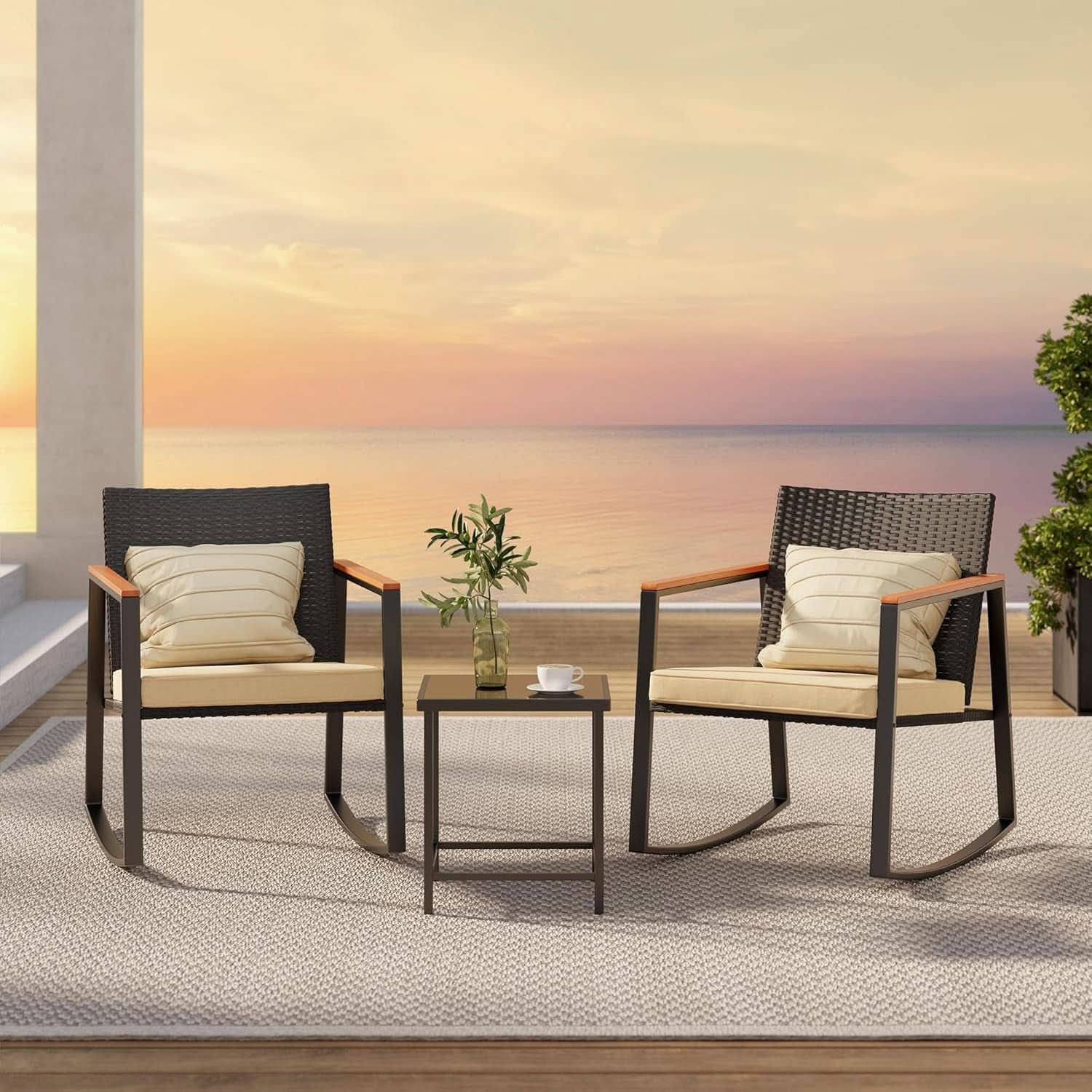 3 Piece Rocking Patio Bistro Set With Anti Scald Armrests Glass Table Cushions Outdoor Wicker Furniture