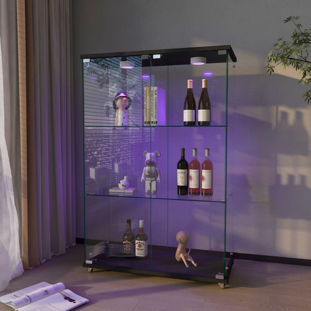 Modern Display Cabinet With LED Lights, Transparent Tempered Glass 2 Door Storage Case With 3 Shelves