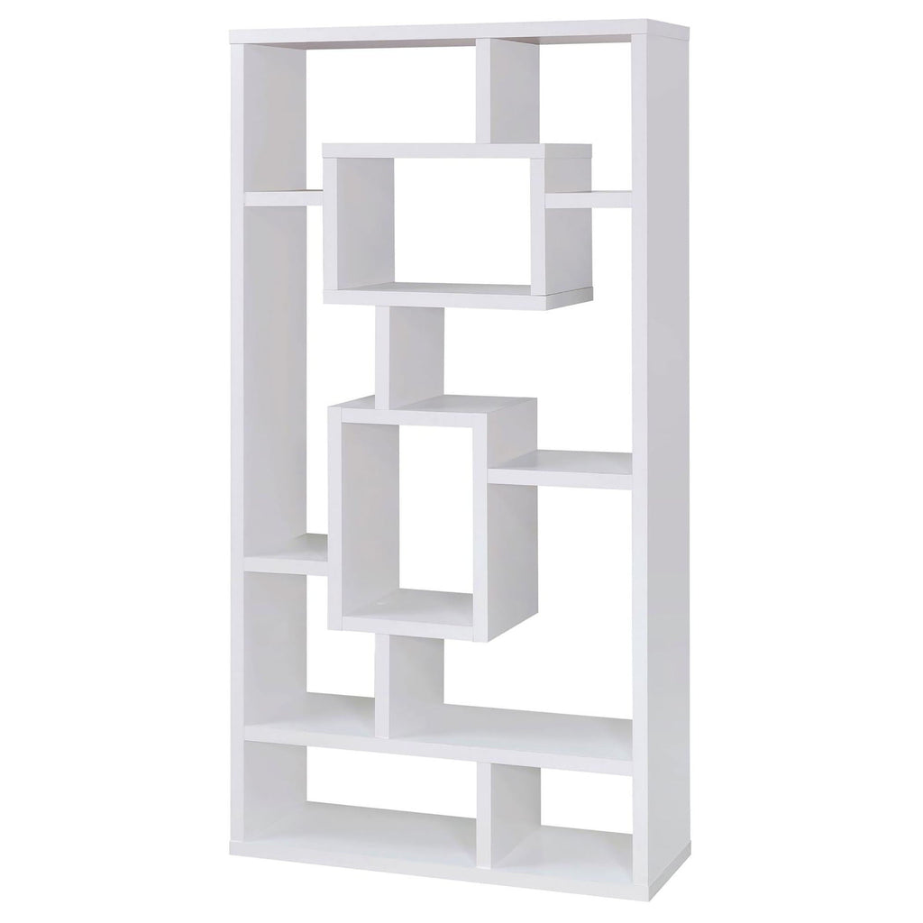 Geometric 10 Shelf Open Back Bookcase With Interlocking Shelves - White