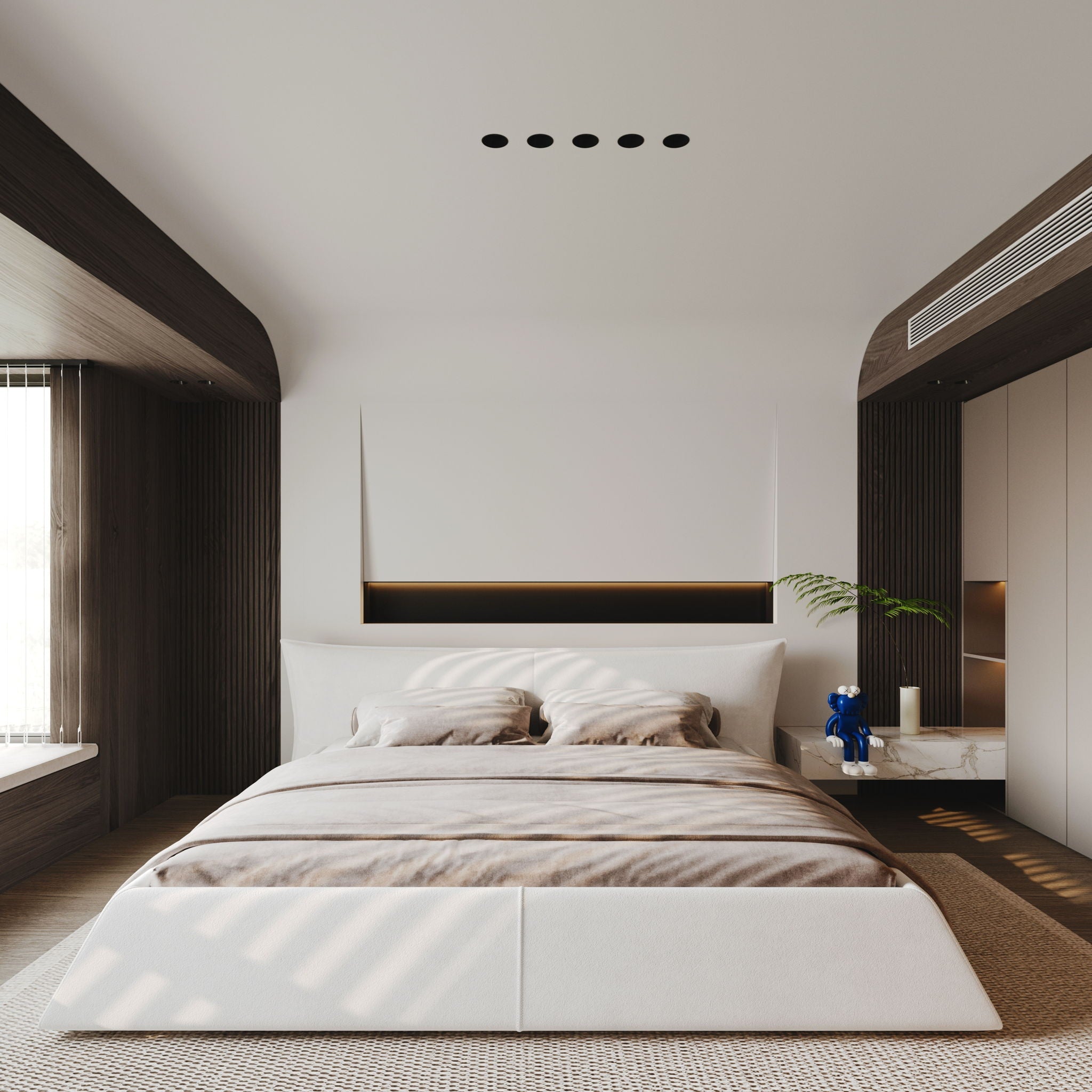 Upholstered Platform Bed With Special Shaped Headboard