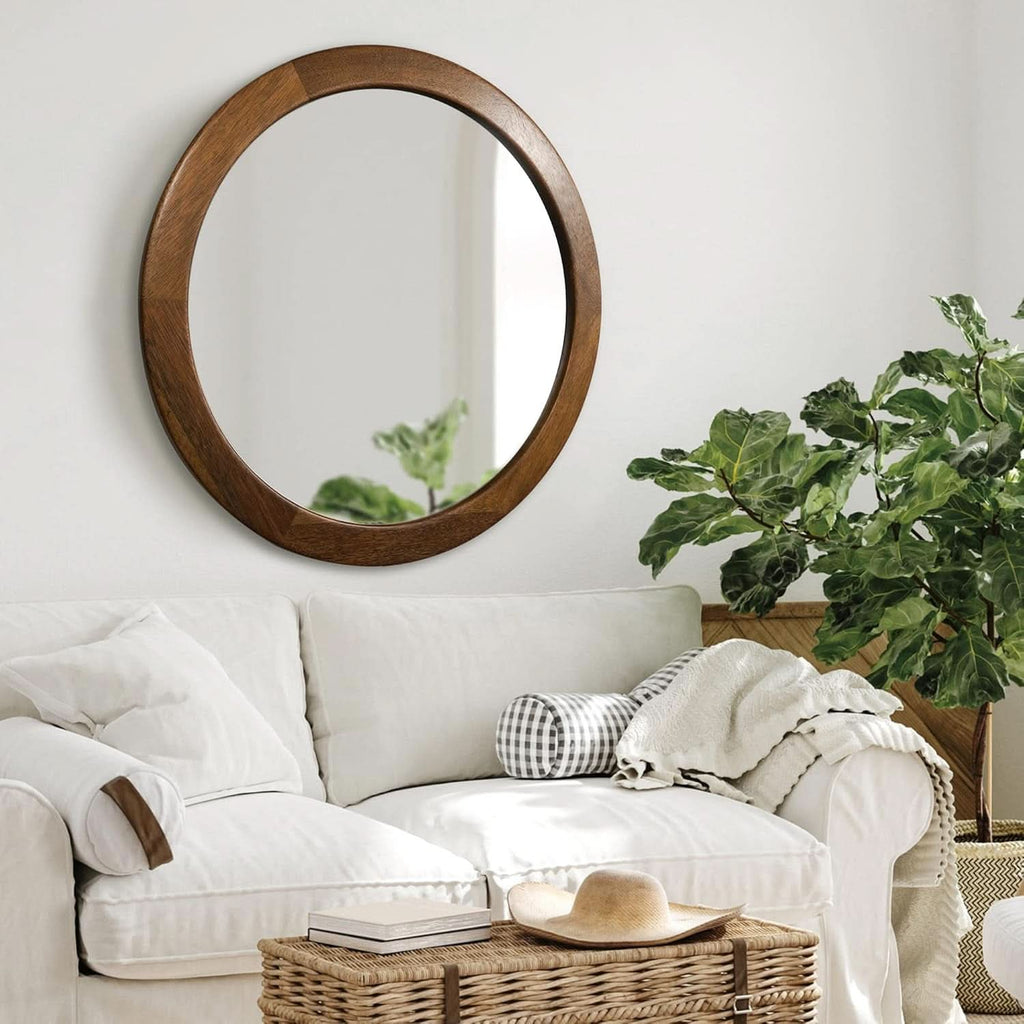 30 Inch Walnut Round Wall Mirror Rustic Style