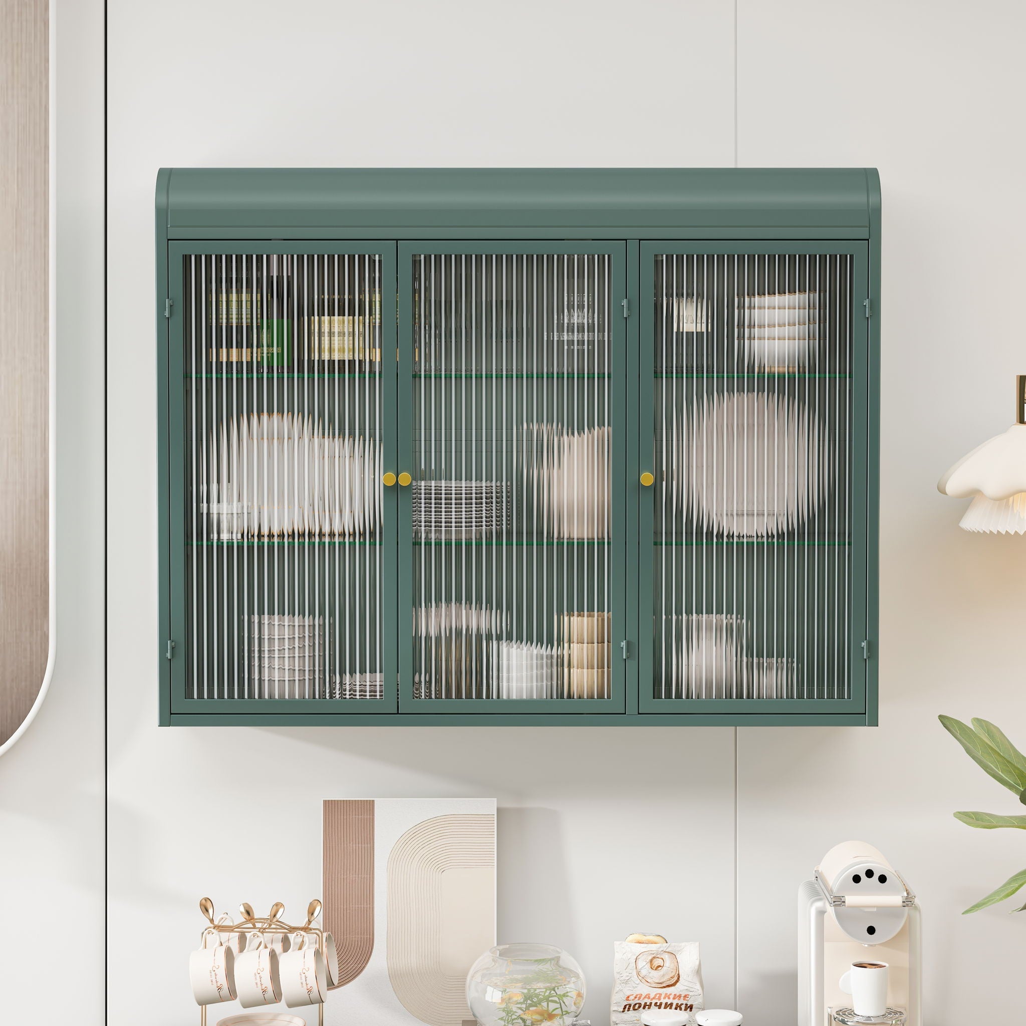 Arched Wall Mounted Cabinet, 3 Door Storage For Kitchen - Dark Green