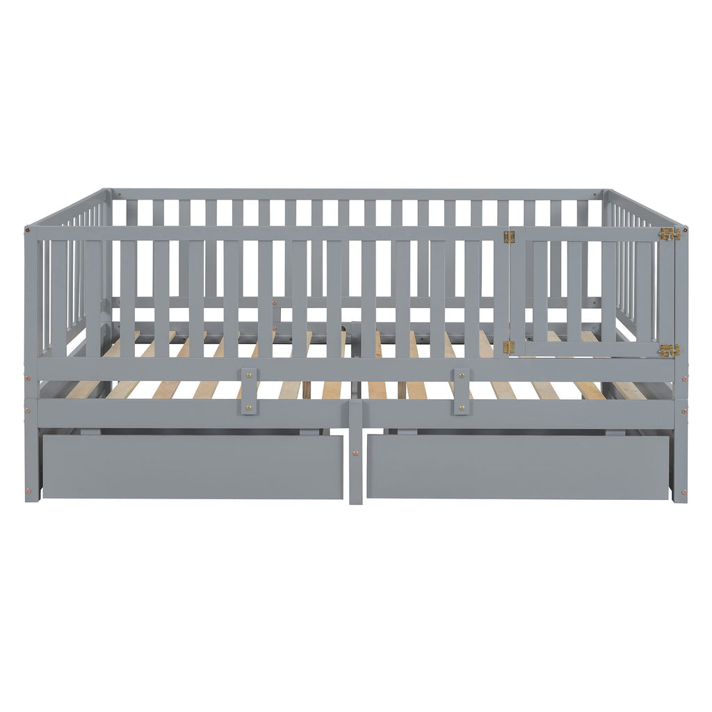 Daybed With Fence Guardrails And 2 Drawers, Split Into Independent Floor Bed & Daybed