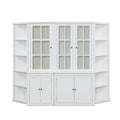 Retro Style Wall Suit With Glass Doors, 75.25" Tall Display Cabinets & Triangle Sided Bookshelves - White
