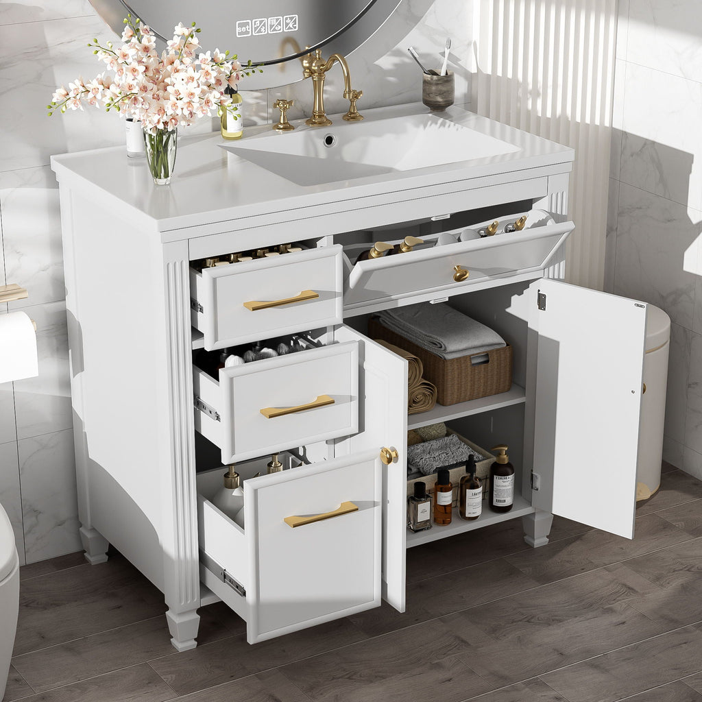 Modern Bathroom Vanity With Ceramic Sink, Freestanding, One Tip Out Drawer, 3 Side Drawers, Adjustable Shelf