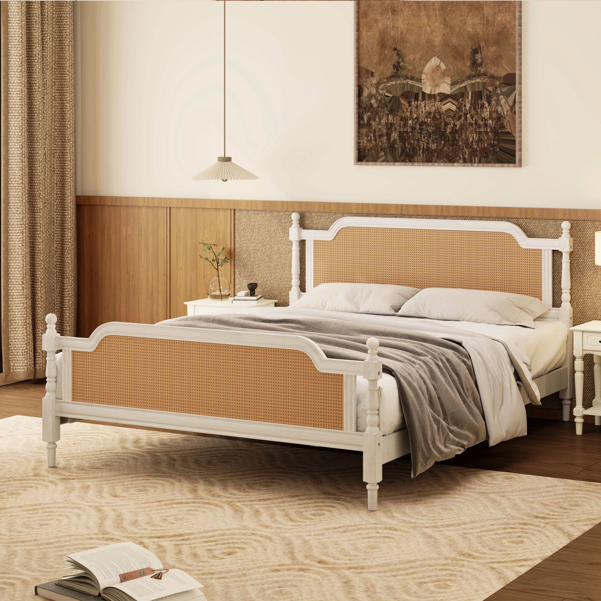 Traditional Style Rattan Bed Frame, No Box Spring Needed