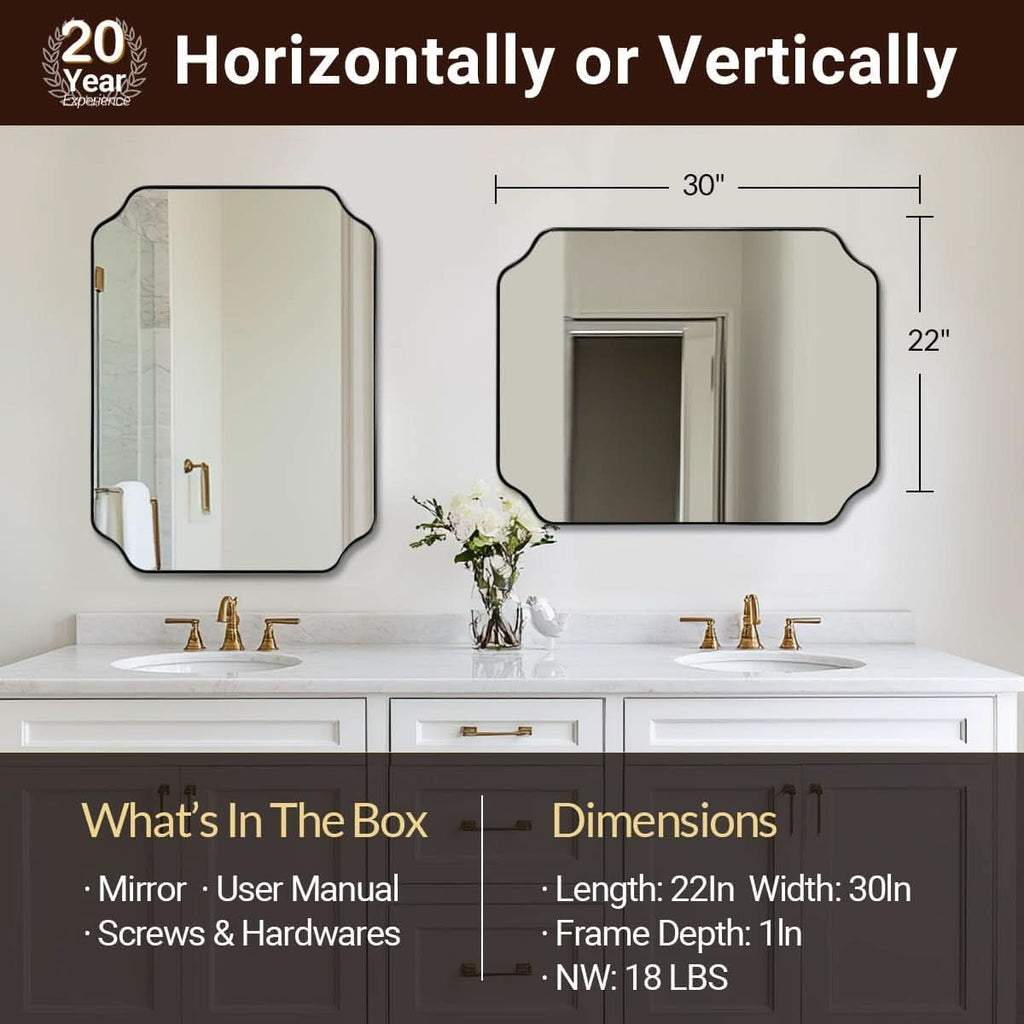 Black 22x30 Inch Scalloped Bathroom Mirror Stainless Frame