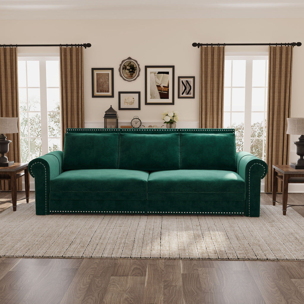 3 In 1 Convertible Sleeper Sofa With Nailhead Trim & Rolled Arm