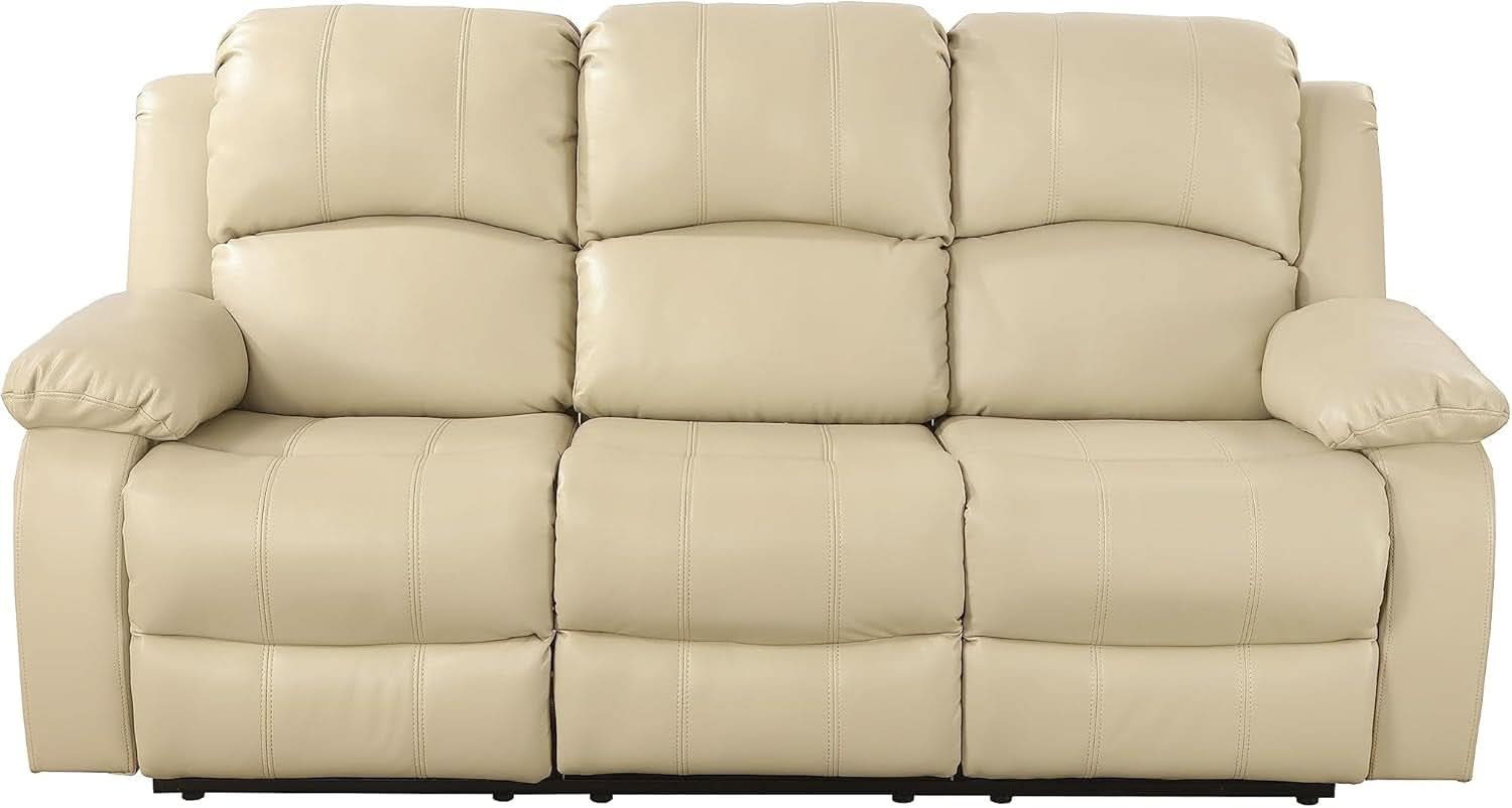 Beige 3 Seater Manual Reclining Sofa With Cup Holders