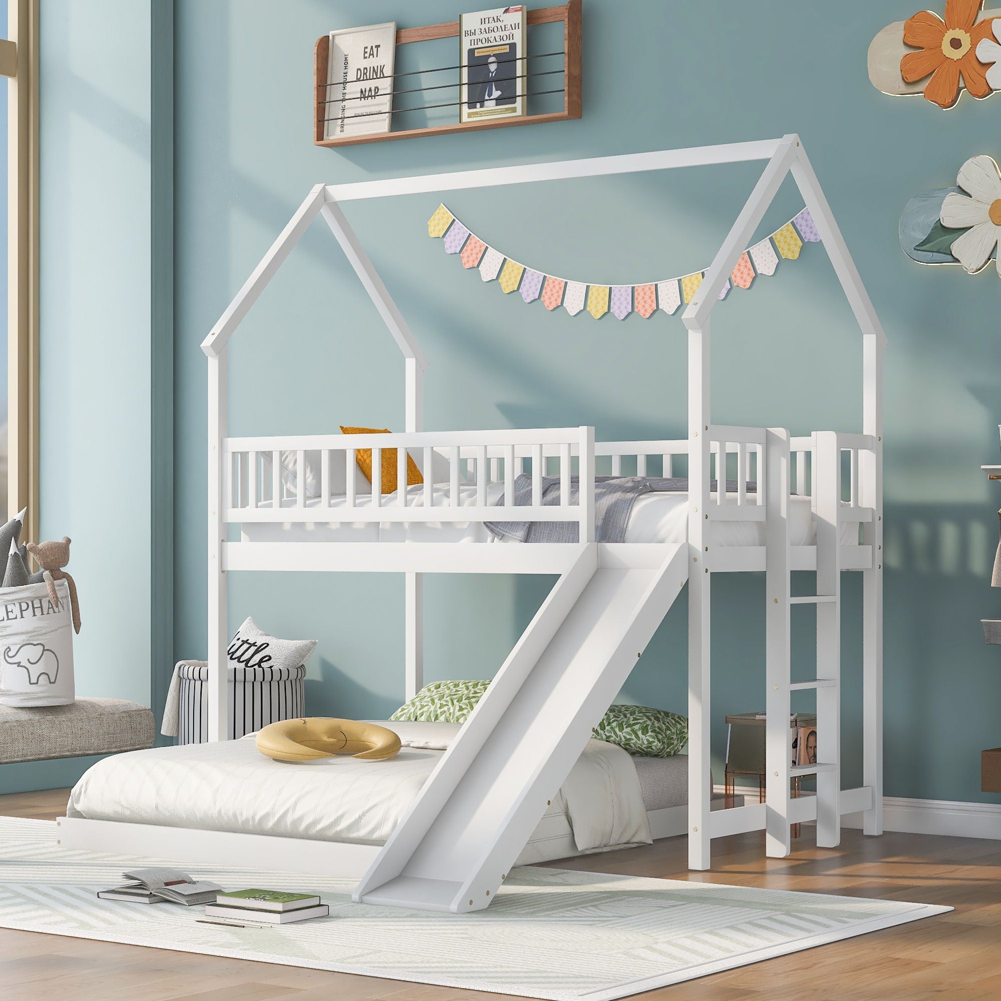 House Bunk Bed With Slide And Built In Ladder