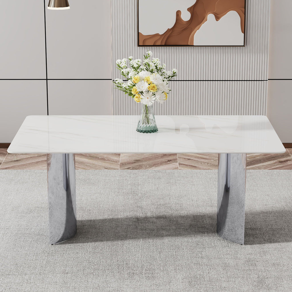 Modern Minimalist Dining Table With Imitation Marble Glass Desktop And Metal Legs