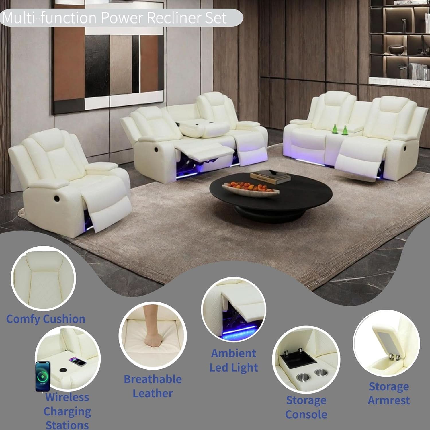 Power Recliner Set With LED Lights And USB Charging Ivory White
