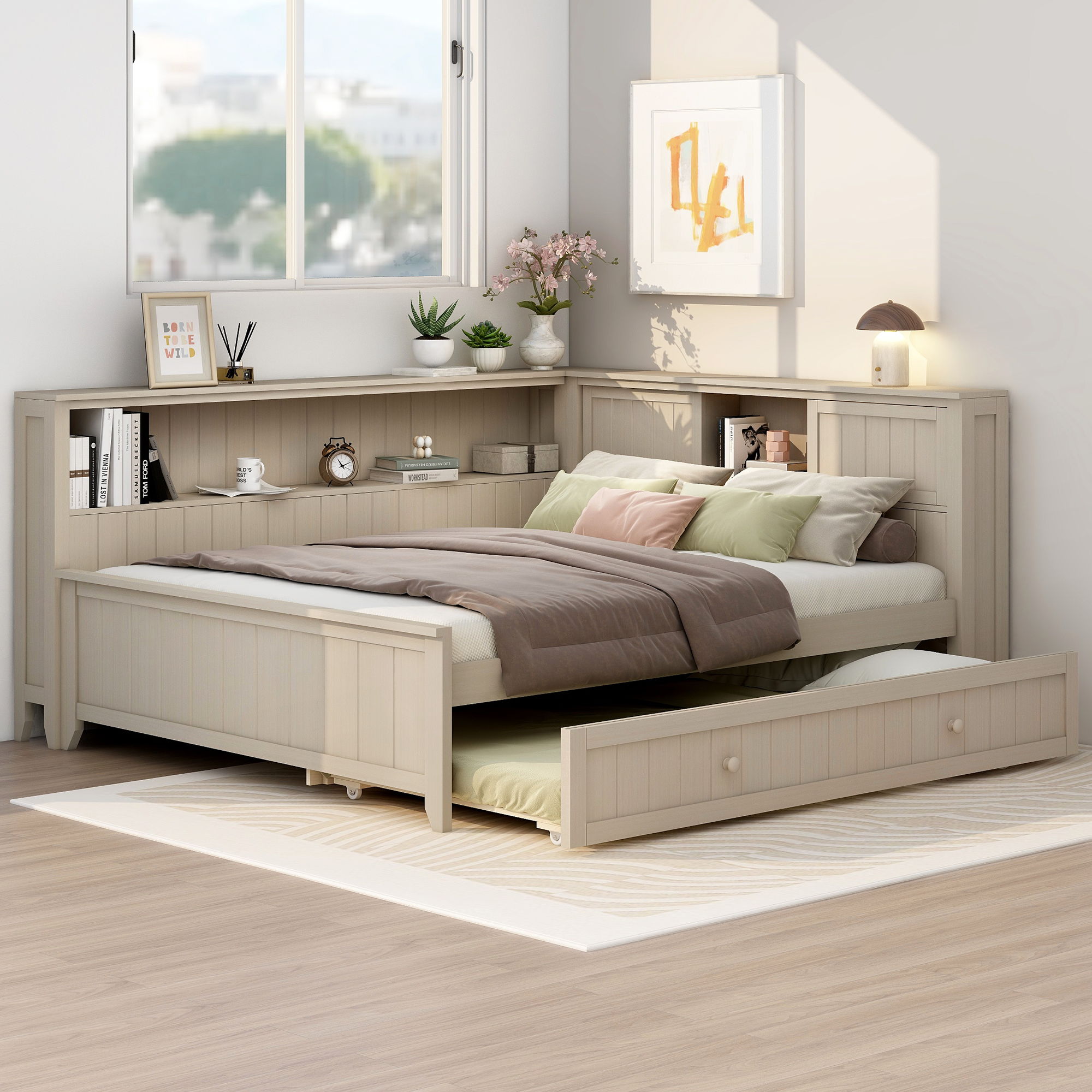 Full Size Daybed With Storage Shelves And Trundle - Ancient White