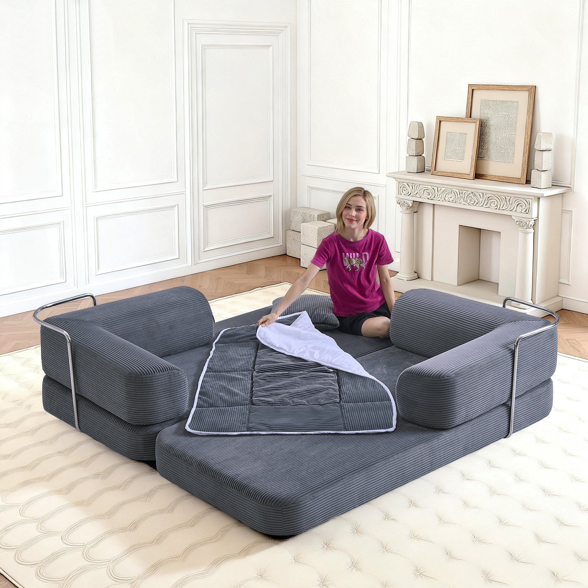 Sofa Bed Floor 5-in-1 Corduroy Gray Convertible Pillow Blanket 74.8 In
