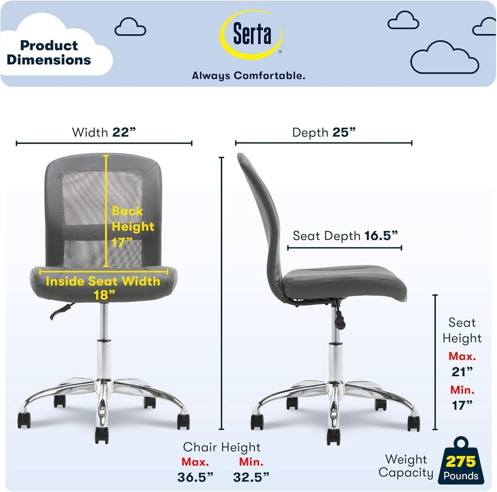 Gray Armless Desk Chair With Wheels And Breathable Mesh